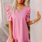 Sachet Pink Pleather Bubble Short Sleeve V Neck Ruffled Hem Mini Dress