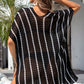 Black Striped Crochet Loose Fit V Neck Beach Cover Up