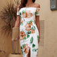 Green Floral Print Off Shoulder Slit Bodycon Midi Dress