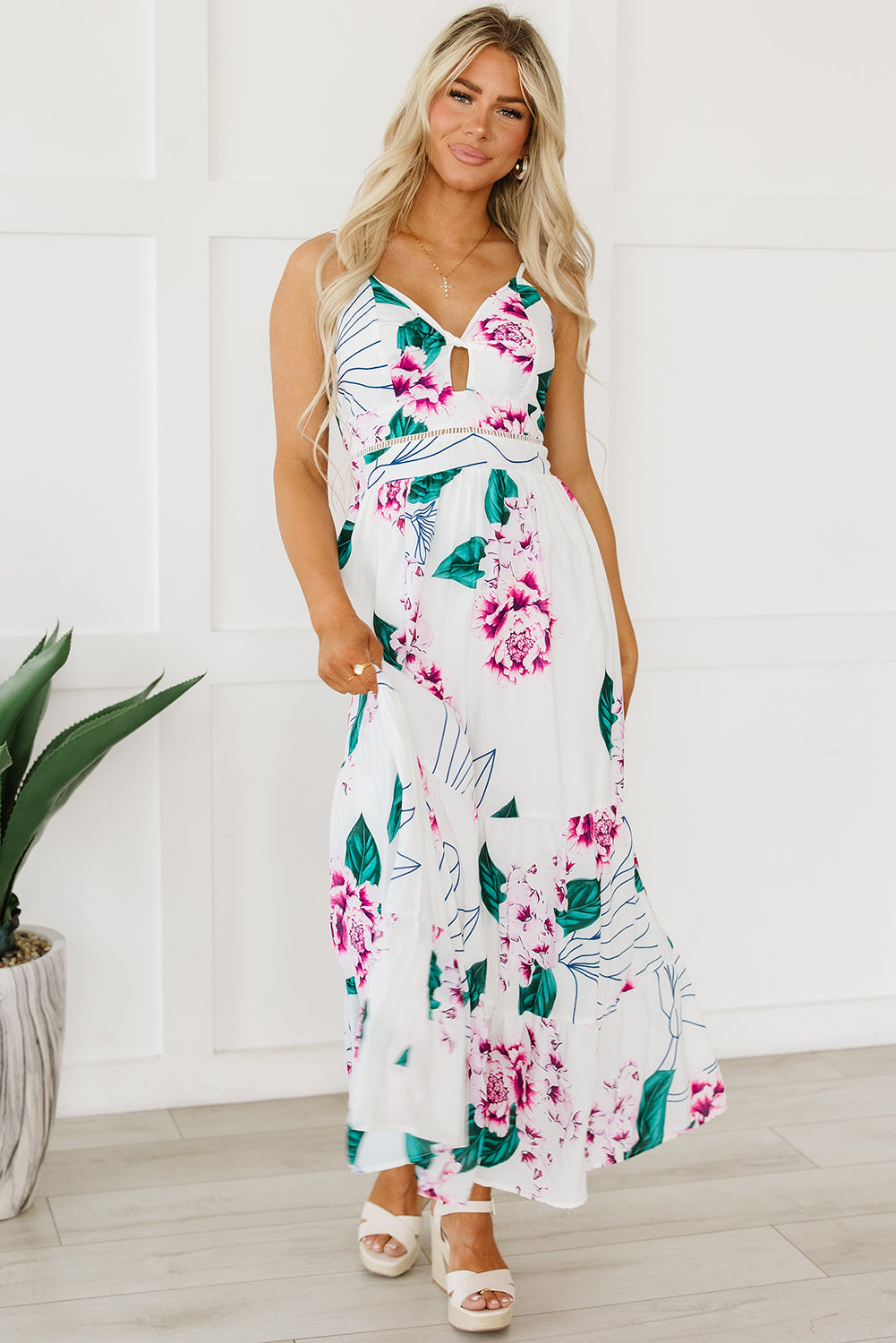 White Floral Twist Cutout Adjustable Straps Maxi Dress