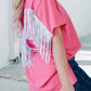 Rose Red Sequined Fringe Wing High-low Hem T-shirt