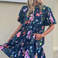 Black Floral Short Bubble Sleeve Button Mandarin Collar Dress