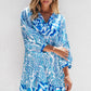 Sky Blue Bohemian Print Puff Sleeve Tied V Neck Flared Mini Dress