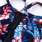 Black Floral Print Mesh Patchwork Criss Cross One-piece Swimsuit