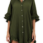 Moss Green High-low Hem Ruffle Sleeve Pleated Shirt Dress