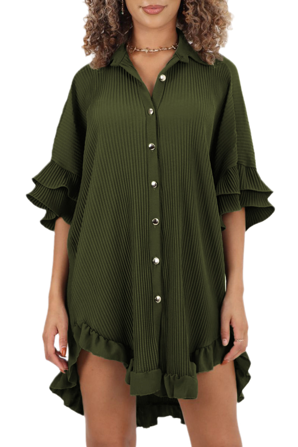 Moss Green High-low Hem Ruffle Sleeve Pleated Shirt Dress