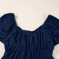 Navy Blue Swiss Dot Jacquard Puff Sleeve Crossover Tied Tiered Dress