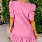 Sachet Pink Pleather Bubble Short Sleeve V Neck Ruffled Hem Mini Dress