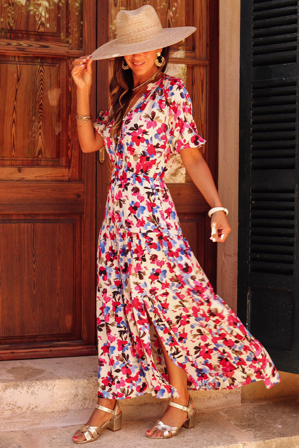 White Floral Print Short Sleeve Buttoned Split Maxi Dress