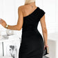 Black One-shoulder Short Sleeve Ruched Bodycon Dress