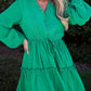 Sea Green Frilly V Neck Puff Sleeve Drawstring Shift Mini Dress