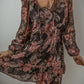 Black Vintage Floral Puff Sleeve V Neck Smock Waist Dress