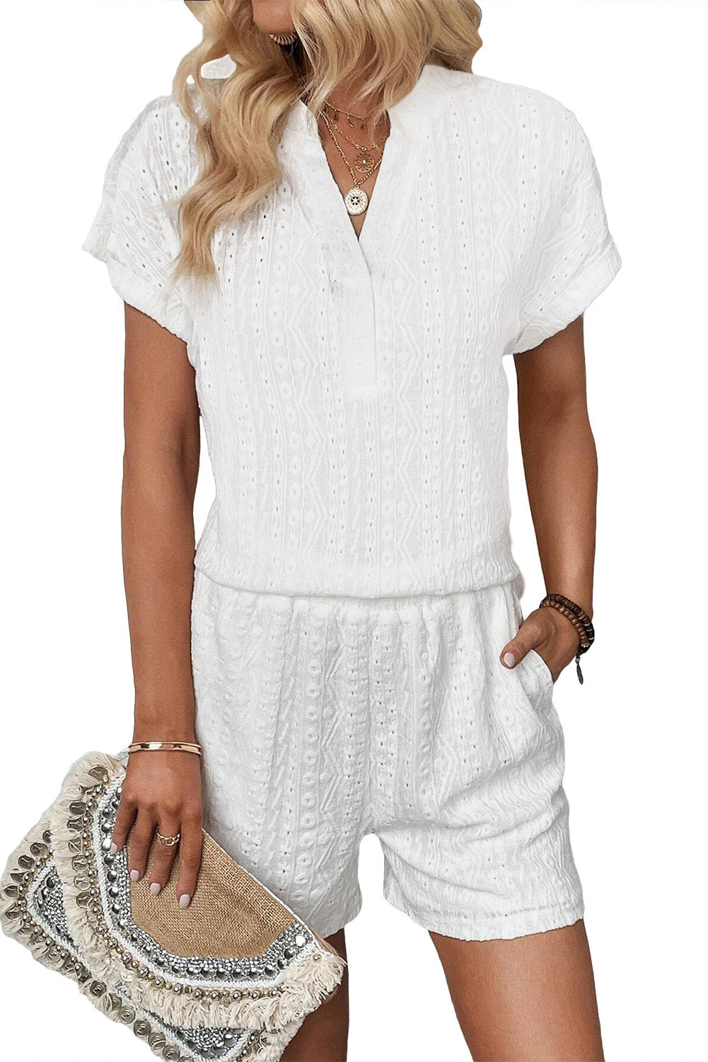 White Eyelet Patterned Textured Shorts Set