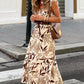 Brown Ruffled V Neck Leaves Print Long Dress