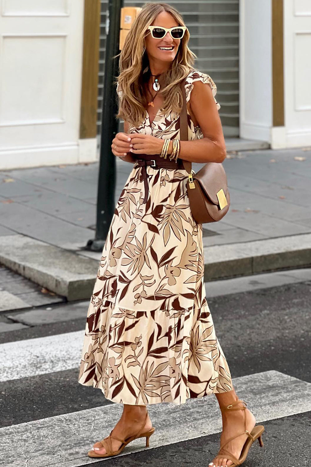 Brown Ruffled V Neck Leaves Print Long Dress