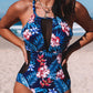 Black Floral Print Mesh Patchwork Criss Cross One-piece Swimsuit