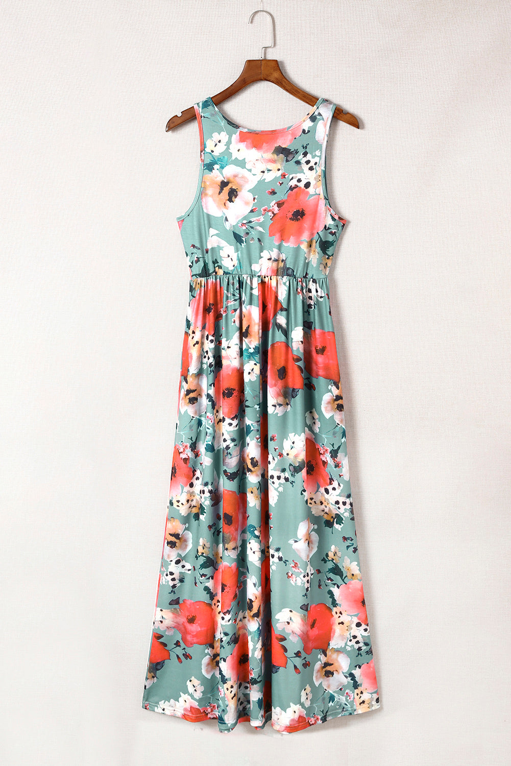 Sky Blue Boho Print Sleeveless High Waist Long Floral Dress