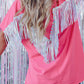 Rose Red Sequined Fringe Wing High-low Hem T-shirt