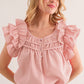 Peach Blossom Shirring Buttoned Neck Ruffle Sleeve Blouse