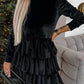 Black Velvet High Neck Tiered Ruffle Mini Dress