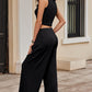 Black Textured Sleeveless Crop Top and Wide Leg Pants Outfit