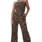 Leopard Print Halter Neck Backless Wide Leg Jumpsuit