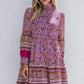 Purple Floral Smocked Puff Sleeve High Neck Mini Dress