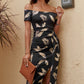 Black Pattern Print Off Shoulder Slit Bodycon Midi Dress