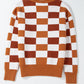 Orange Checkered Ribbed Edge O Neck Drop Shoulder Sweater