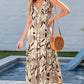 Brown Ruffled V Neck Leaves Print Long Dress