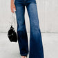 Blue Buttons Elastic Wide Waistband Back Flare Jeans