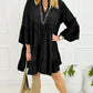 Black Chambray Ruffled 3/4 Sleeve Tiered Split V Neck Mini Dress