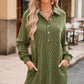 Moss Green Corded Buttons Placket Drop Shoulder Collared Shift Dress