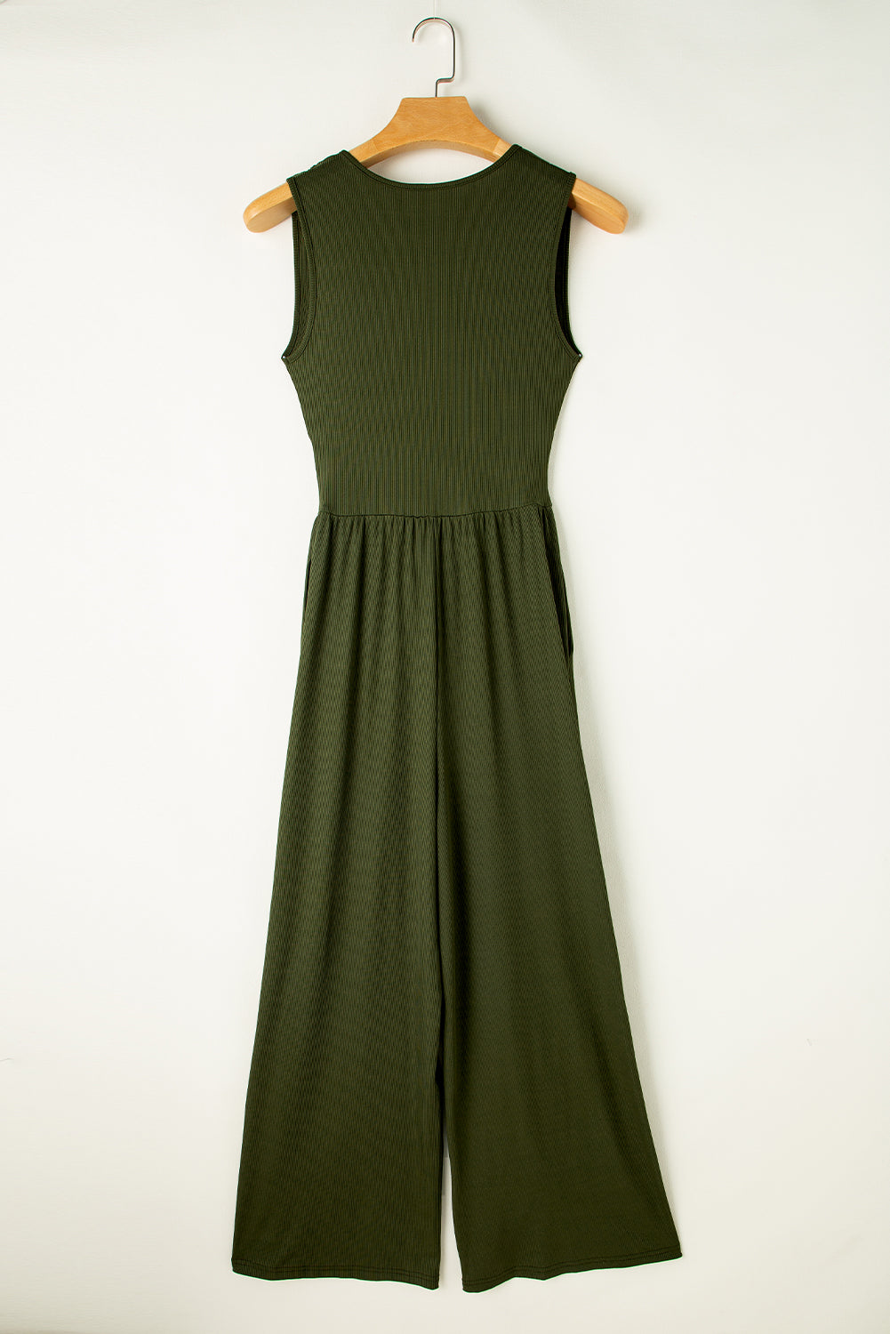 Moss Green Sleeveless V Neck Ruched Wide Leg Jumpsuit