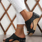 Black Hollow Out Studded PU Leather Wedge Slippers