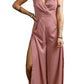 Rose Tan Satin Spaghetti Strap Surplice Split Wide Leg Jumpsuit