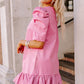 Sachet Pink Pleather Bubble Short Sleeve V Neck Ruffled Hem Mini Dress