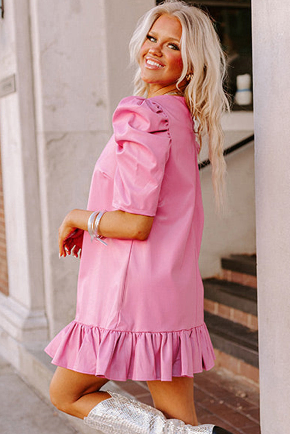 Sachet Pink Pleather Bubble Short Sleeve V Neck Ruffled Hem Mini Dress