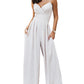 Beige Spaghetti Straps Pleated High Waist Wide Leg Jumpsuit