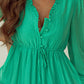 Sea Green Frilly V Neck Puff Sleeve Drawstring Shift Mini Dress