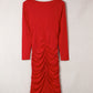 Fiery Red Long Sleeves Wrap V Neck Ruched Sheath Bodycon Dress