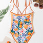 Orange Fruit Plant Print Tied Straps V Neck One Piece Swimsuit