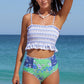 Blue Printed Smocked High waisted swimsuits