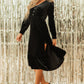 Black Velvet Buttoned Puff Sleeve V Neck Split Midi Dress