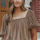 Simply Taupe Pleated Puff Sleeve Square Neck Blouse