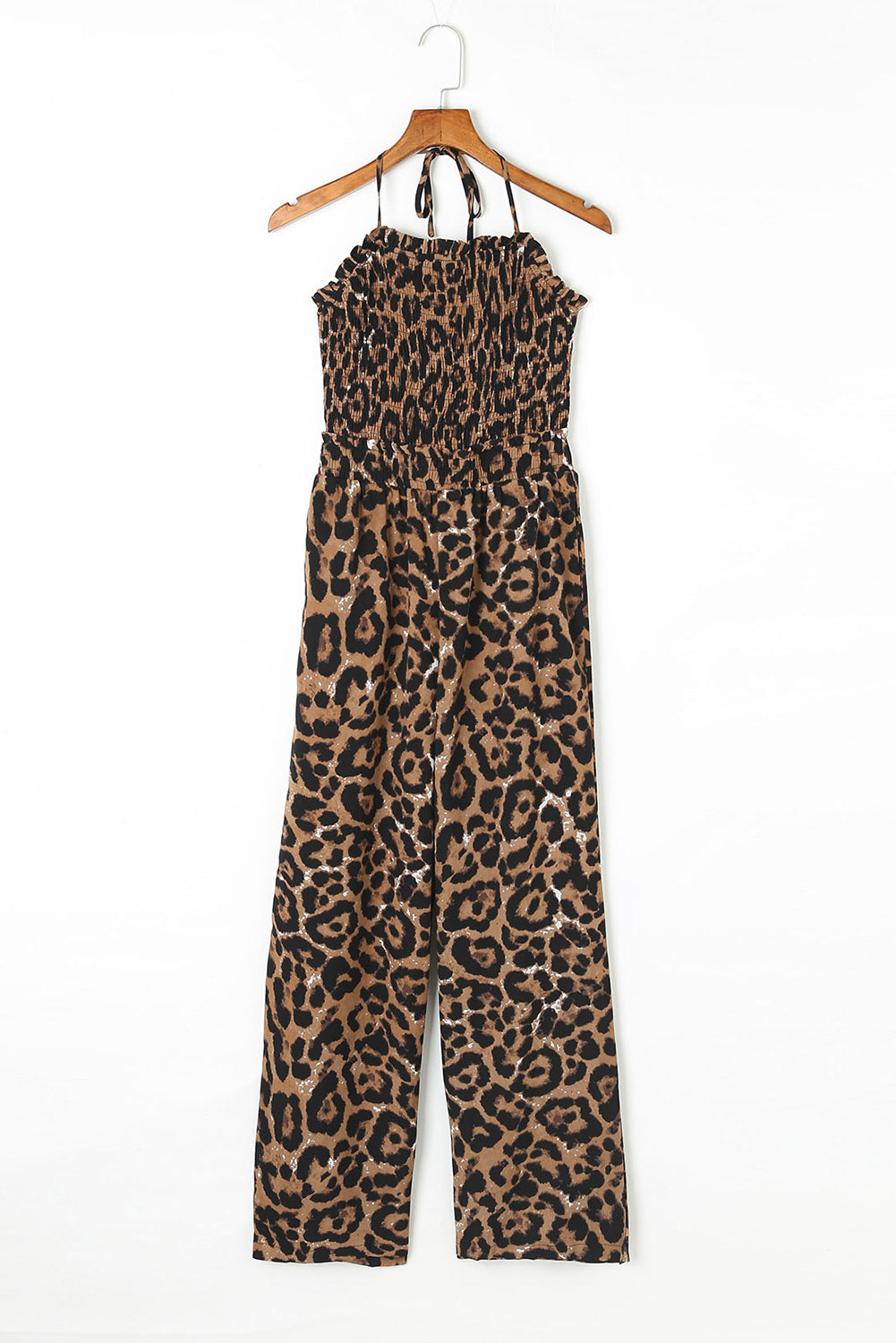 Leopard Print Halter Neck Backless Wide Leg Jumpsuit