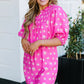 Bright Pink Printed Shirred Yoke Half Puff Sleeve Dress