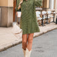 Moss Green Corded Buttons Placket Drop Shoulder Collared Shift Dress