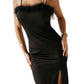 Black Rhinestone Straps Feather Trim Bodycon Midi Dress with Slit