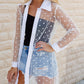 White Polka Dot Print Collared Buttoned Mesh Duster Kimono